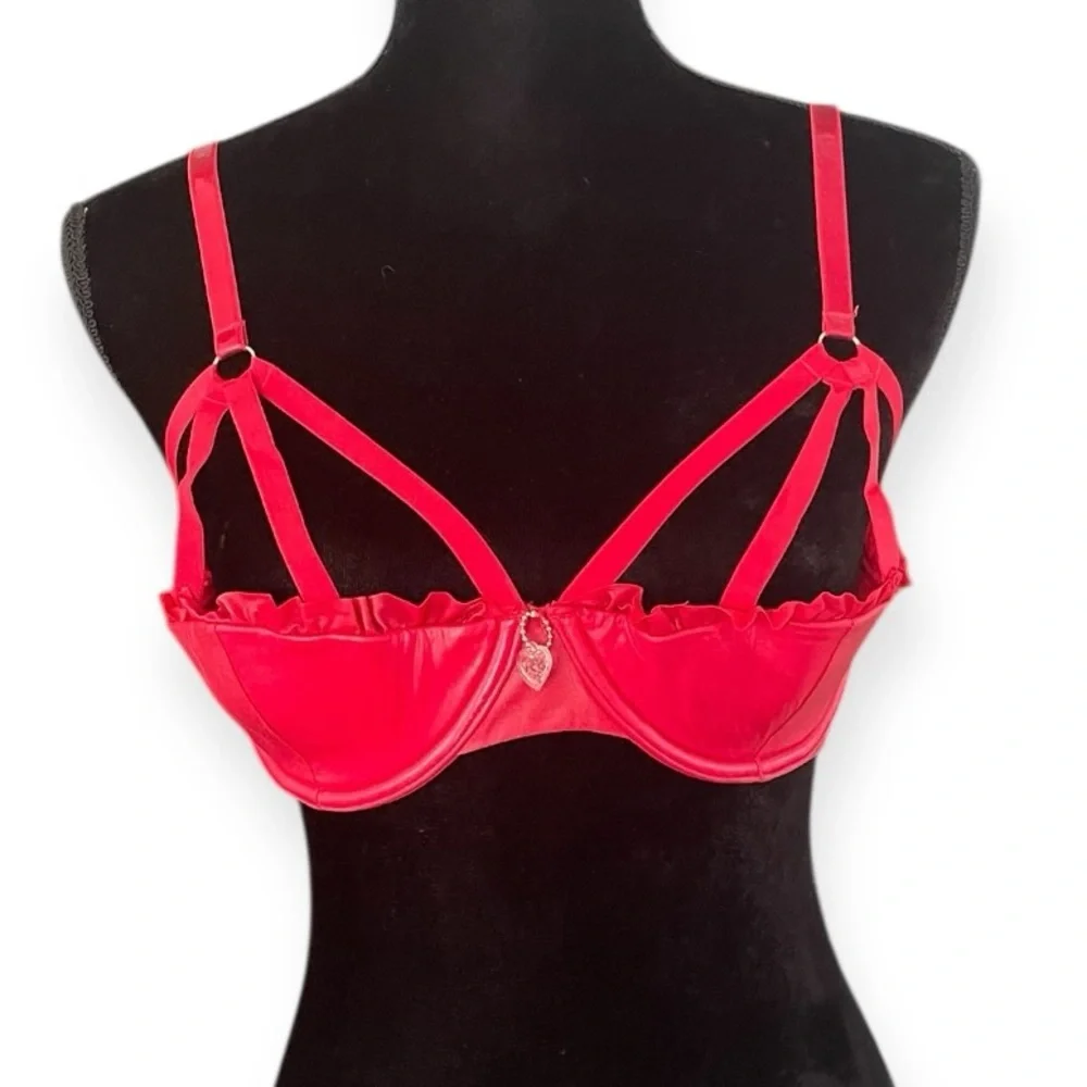 Savage X Fenty Red Glossy Flossy Caged Quarter Cup Bra Womens 32C Gogi Berry Red
